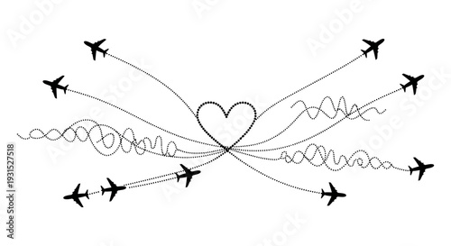 airplanes flying on dotted paths converge to form a heart symbolizing travel love and global connection