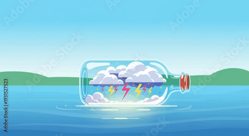Stormy weather trapped inside a glass bottle floating on the sea.