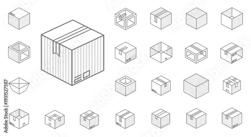 isometric carton box illustrations depicting various packaging forms perfect for e-commerce shipping or supply chain design elements.