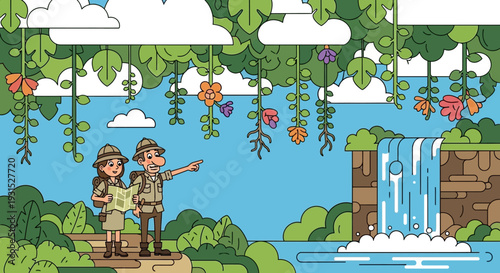 Two Explorers With Map Discovering Waterfall Adventure.