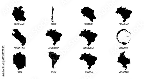 black silhouette maps of south american countries in a grid depicting brazil peru chile and colombia ideal for geography and travel visuals.
