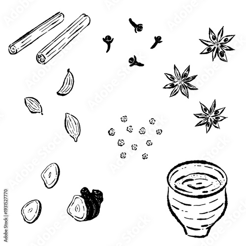 Assorted Chai Spices and Tea Set Monochrome Illustration