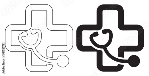 Medical cross symbol incorporating a stethoscope shown in two versions