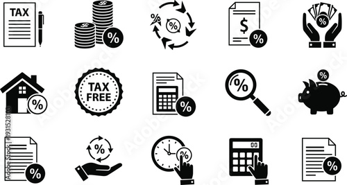 Comprehensive financial tax icon set featuring percentage signs, calculators, coins, tax forms, savings piggy bank, investment growth, and accounting symbols for business reports