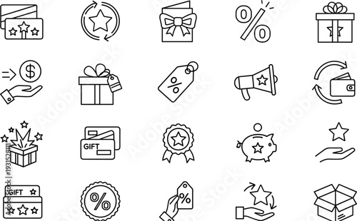 Comprehensive shopping and loyalty reward icon set featuring gift boxes, discount tags, star ratings, credit cards, mega phones, and cash back symbols for e-commerce