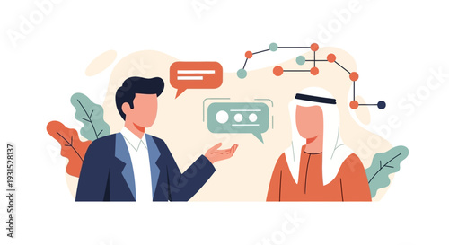 Businessman and Arab man communicating digitally.