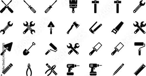 Construction and DIY hand tools black icon set featuring screwdrivers, wrenches, hammers, saws, paint rollers, power drills, shovels, and professional home improvement equipment.