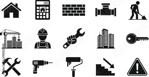 Construction and building icons set, home repair tools, architecture symbols, maintenance worker, urban development elements, black vector illustration for industry and real estate design