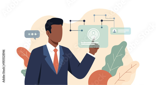 Businessman holding tablet with lightbulb icon.