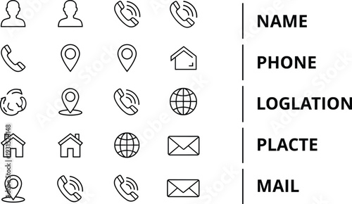 Contact information and communication icons set, phone, email, location, user profile, address symbols, business card template, customer support, vector line illustration