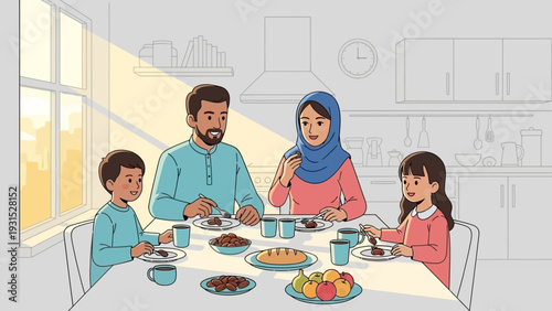 muslim family enjoying iftar meal together at home breaking fast with dates and fruits during ramadan.