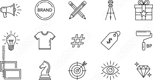 Creative branding and marketing line icon set featuring megaphone, brand identity, strategy, target, diamond, lightbulb idea, and social media symbols for business design