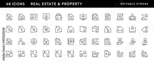 Real estate and property icon collection. Realtor, mortgage, house loan, house rent, rent cost, ownership and more. Editable stroke. Pixel Perfect. Grid base 32 x 32.