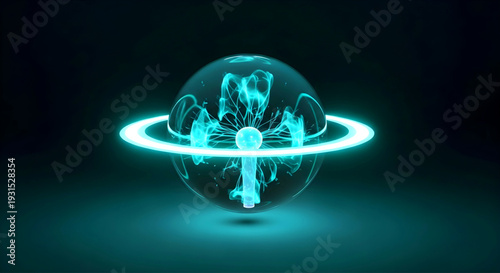 A glowing key surrounded by a radiant ring hovering above a group of people inside a transparent sphere viewed from a slightly elevated perspective