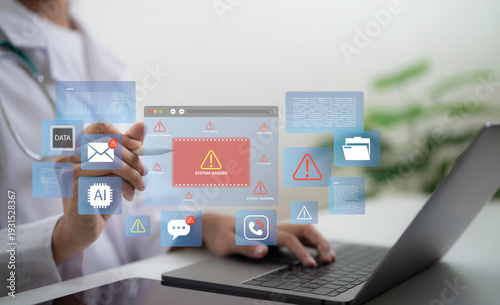 Doctor using laptop with system hacked warning screen, cybersecurity alerts and data breach interface. Healthcare data protection, ransomware attack response and medical information security concept