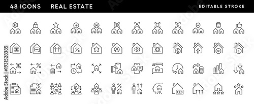 Real estate icon collection. Property, relator, mortgage, house loan, house rent, rent cost, ownership and more. Editable stroke. Pixel Perfect. Grid base 32 x 32.