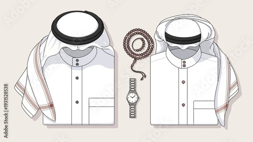 traditional arab mens thobes ghutras agals tasbih prayer beads and a watch illustrating middle eastern culture.