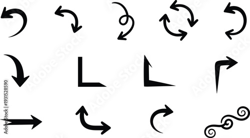 Decorative black arrow icon set featuring curved pointers, circular cycle symbols, spiral swirls, right angle turns, return signs, and creative hand drawn directional elements.