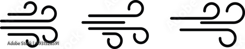 Minimalist wind icon vector set featuring blowing air breeze and gust symbols for weather forecasting climate apps and motion design.