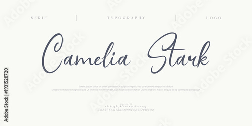 Camelia Stark, Elegant Script font alphabet uppercase lowercase and number. Classic lettering minimal fashion designs. Typography modern serif fonts regular decorative vintage concept. 