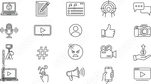 Digital content creation and social media icon set, blogging, video streaming, podcasting, online marketing, influencer tools, communication, engagement, multimedia design, vector illustration