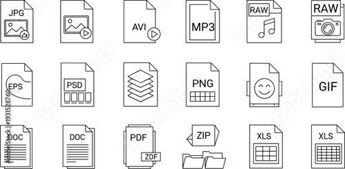 Digital file format icons set, document image video audio archive symbols, JPG PNG PDF MP3 ZIP EPS PSD types, data storage management, line style vector illustration