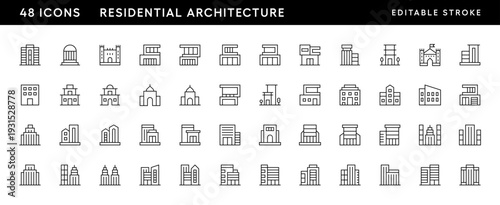 Residential architecture icon collection. Modern building, skyscrapers, city building, residence, cityscape, skyline and more. Editable stroke. Pixel Perfect. Grid base 32 x 32.