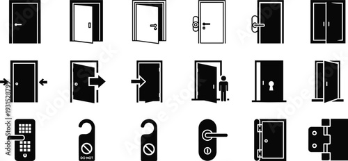 Door and entrance icon set, open closed doors, exit entry symbols, security access concepts, hotel room, office building, emergency escape vector collection