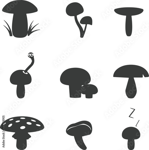 Mushroom silhouettes collection, fungi icons, toadstool design, stylized caps, worm detail, sleeping symbol, grass base, nature theme, forest illustration, vector art