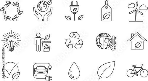 Eco sustainability and green energy icon set, recycling, renewable power, climate protection, al 