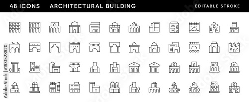 Architectural building icon collection. Modern building, skyscrapers, city building, residence, cityscape, skyline and more. Editable stroke. Pixel Perfect. Grid base 32 x 32.