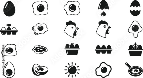 Egg and chicken food icons set, fried eggs, boiled eggs, breakfast symbols, farm poultry elements, cooking and nutrition concept vector illustration