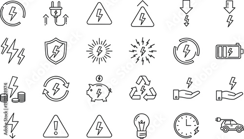Electric energy and power icons set, lightning symbols, battery charging, renewable electricity, warning signs, efficiency, savings, smart technology, vector line illustration collection