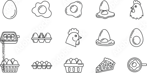 Egg and poultry food icons set, chicken farm fresh eggs fried breakfast symbols, organic protein nutrition elements, kitchen cooking collection, line style vector illustration
