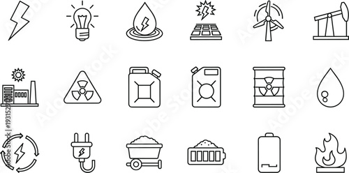 Energy and power icons set, renewable and nonrenewable resources symbols, electricity, oil, gas, solar, wind, nuclear, flat line vector illustration