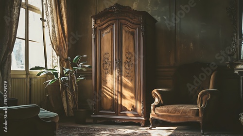 Ornate antique wooden wardrobe with intricate carvings stands elegantly in a sunlit vintage room, showcasing classic craftsmanship and luxurious design amidst historical charm and old-world grandeur.