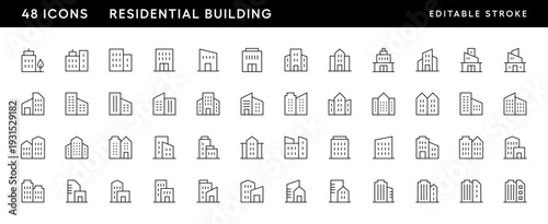 Residential building icon collection. Modern architecture, skyscrapers, city building, residence, cityscape, skyline and more. Editable stroke. Pixel Perfect. Grid base 32 x 32.