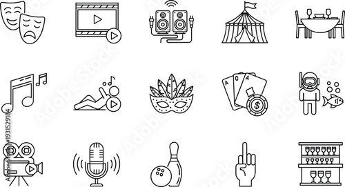 Entertainment and leisure icons set, theater, music, video, circus, casino, podcast, restaurant, bowling, nightlife, hobby activities symbols vector illustration