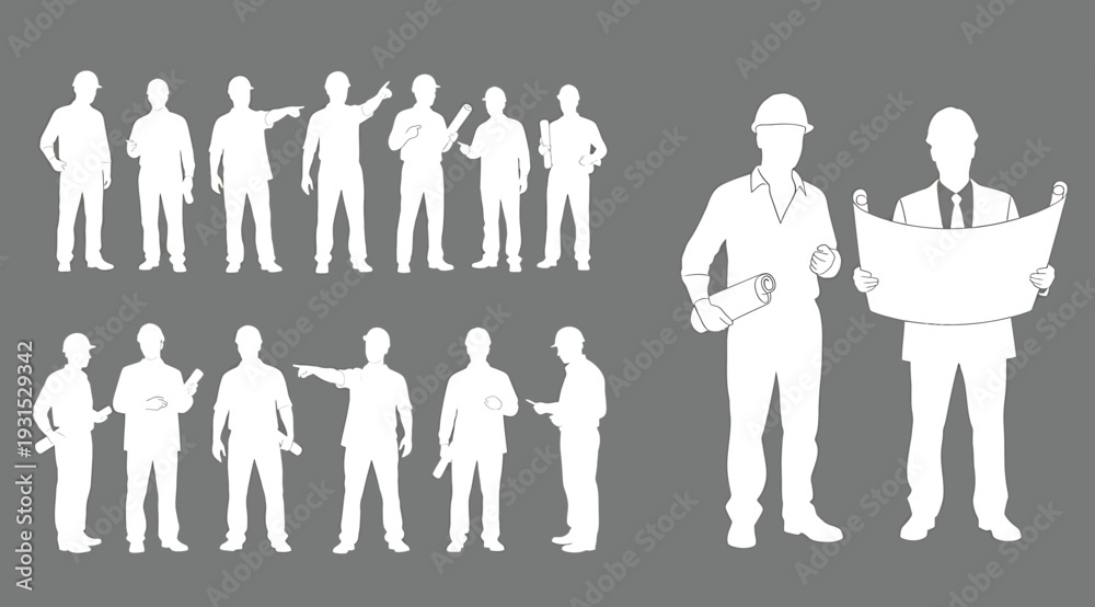 Fototapeta premium Collection of various construction workers and laborers in different poses and uniforms on gray background