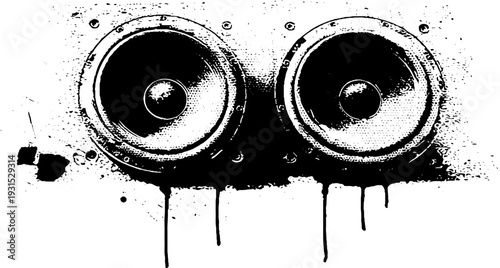 Dual speaker grille stencil with paint drips in high contrast design for creative projects