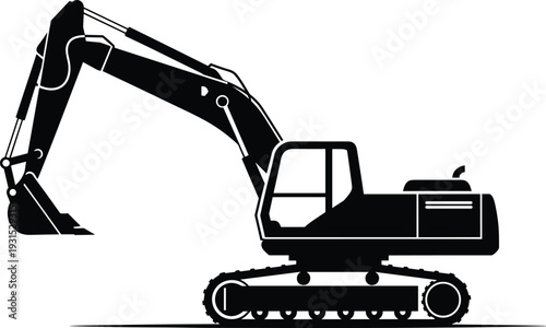 Excavator silhouette illustration, heavy construction machinery, hydraulic digger, industrial earthmoving equipment, mining and building site vehicle icon isolated on white background
