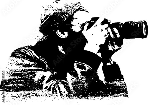 Photographer adjusting camera lens in high contrast stencil style for creative design