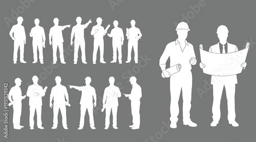 Collection of various construction workers and laborers in different poses and uniforms on gray background