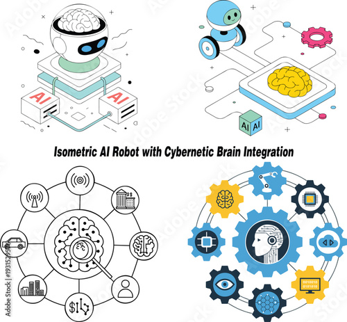 Isometric AI robots with cybernetic brain integration processing data in a technological network