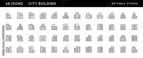 City building icon collection. Modern building, skyscrapers, urban city, residence, cityscape, skyline and more. Editable stroke. Pixel Perfect. Grid base 32 x 32.