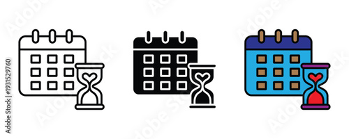 Deadline reminder calendar and hourglass icon set. Schedule symbol with heart hourglass for romantic event countdown, wedding planning, and special date timing design. Vector Illustration.
