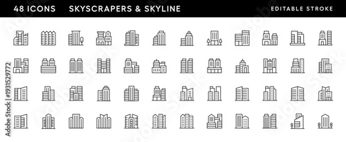 Skyscraper and skyline icon collection. Modern building, apartment complex, city building, residence, cityscape, skyline and more. Editable stroke. Pixel Perfect. Grid base 32 x 32.