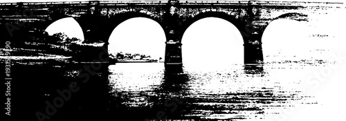 Scenic river bridge silhouette with high contrast stencil design