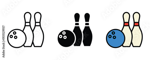 Bowling ball and pins icon set. Sports equipment symbol for leisure activity, bowling tournament, and recreation club design. Vector Illustration.