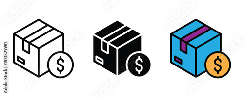 Shipping cost and delivery payment icon set. Package symbol with dollar coin for logistics expenses, e-commerce shipping fees, and commercial courier service design. Vector Illustration.